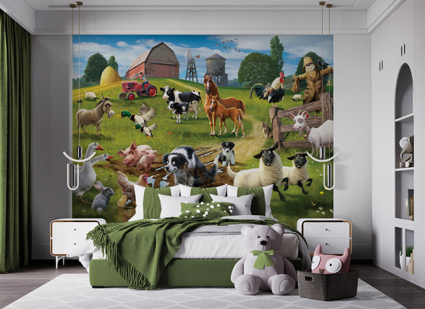 Boerderijdieren - dieren - Boerderijkamer - Posterbehang – Kinderbehang - XXL (305 x 244 cm) – 6 Panelen