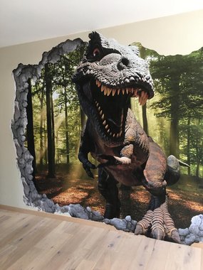 T-rex in het bos muurposter - VLIESBEHANG (368x254cm) - Levering binnen 4 - 6 dagen