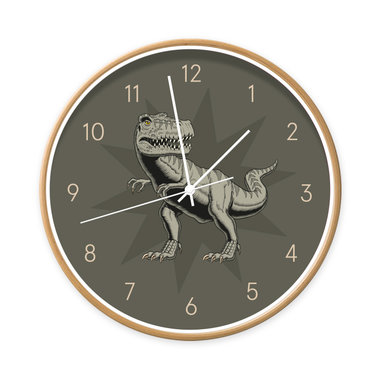 Klok - T-rex  wandklok - houten rand